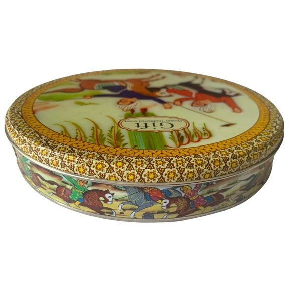 VTG Gift Persian Traditional Sweet Croquet Game Round Candy Metal Tin Canister - Picture 5 of 7